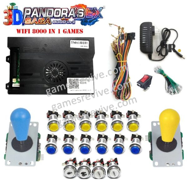 Pandora Saga EX2 3D — 8 000 jeux, carte seule ou kit complet SANWA — Kit jaune et bleu Pandora Saga EX2 3D — 8 000 jeux, carte seule ou kit complet SANWA