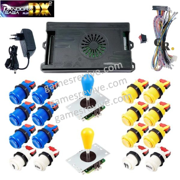 Kit borne d'arcade Pandora Saga DX 2 Plus — joysticks et boutons, 9 800 jeux — Bleu et jaune Kit borne d'arcade Pandora Saga DX 2 Plus — joysticks et boutons, 9 800 jeux