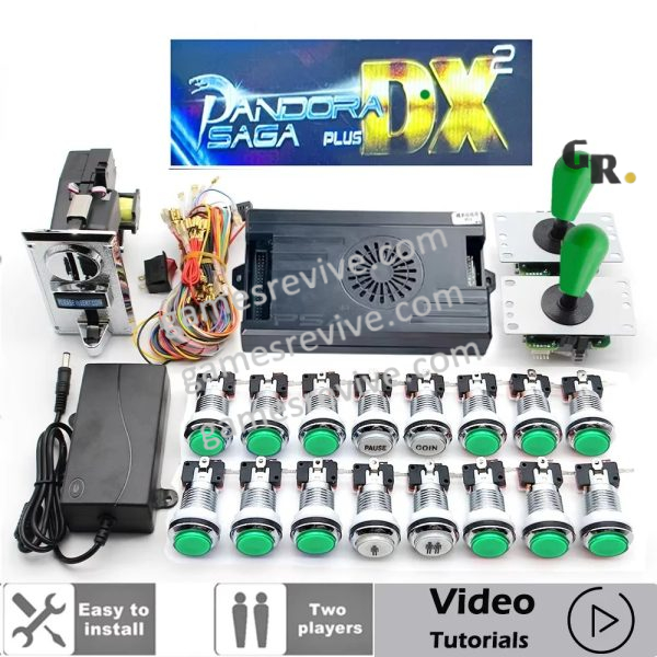 Kit borne d'arcade Pandora Saga DX — joysticks SANWA, boutons LED, monnayeur — Tout vert Kit borne d'arcade Pandora Saga DX — joysticks SANWA, boutons LED, monnayeur