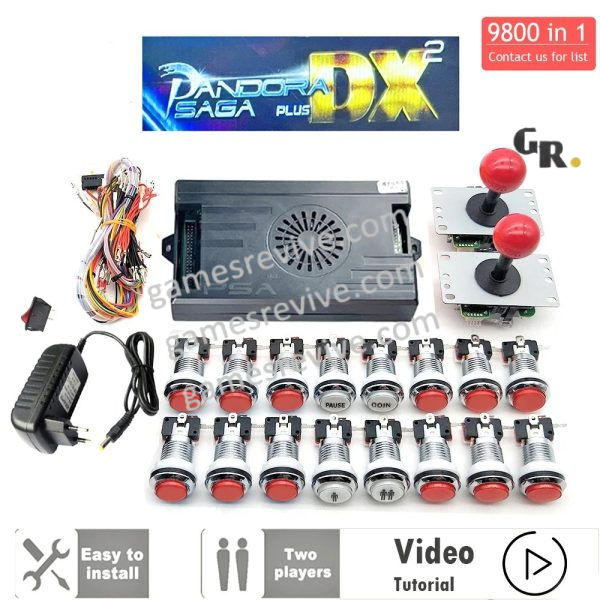Kit borne d'arcade Pandora Saga DX — boutons LED argent, 4 joueurs, 9 800 jeux — Tout rouge Kit borne d'arcade Pandora Saga DX — boutons LED argent, 4 joueurs, 9 800 jeux