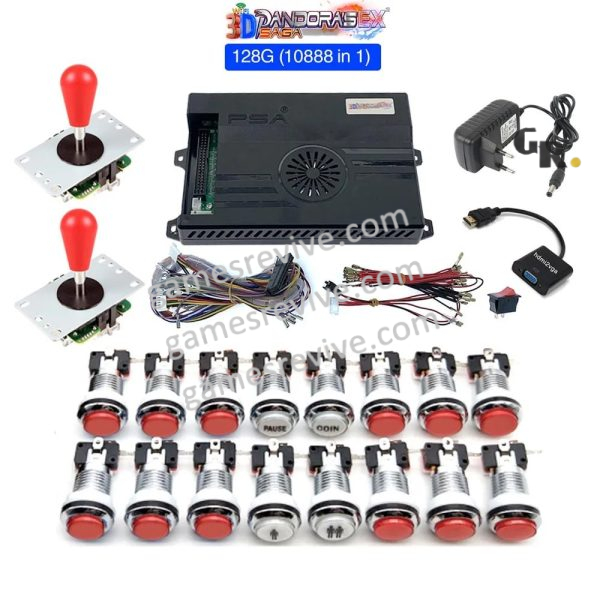 Kit borne d'arcade Pandora Saga EX2 — joysticks et boutons LED, 10 888 jeux — Tout rouge Kit borne d'arcade Pandora Saga EX2 — joysticks et boutons LED, 10 888 jeux