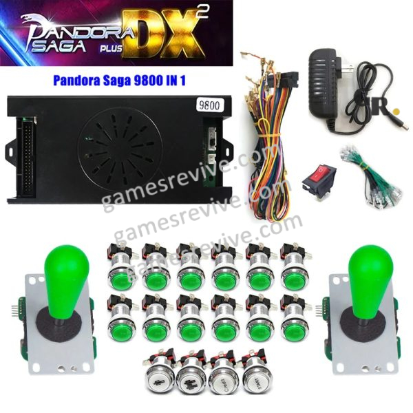 Pandora Saga DX2 — 9 800 jeux, carte seule ou kit complet SANWA — Kit tout vert Pandora Saga DX2 — 9 800 jeux, carte seule ou kit complet SANWA