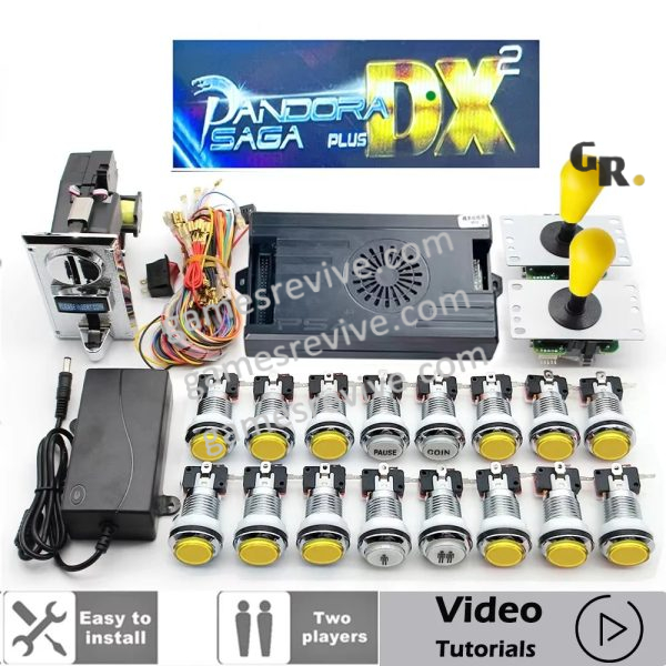 Kit borne d'arcade Pandora Saga DX — joysticks SANWA, boutons LED, monnayeur — Tout jaune Kit borne d'arcade Pandora Saga DX — joysticks SANWA, boutons LED, monnayeur