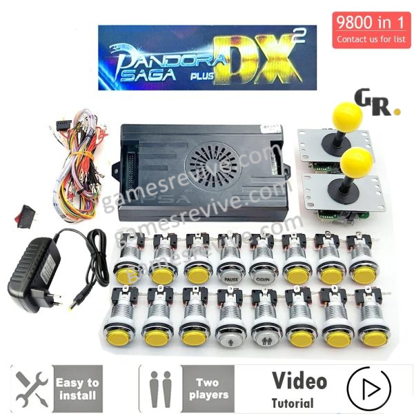Kit borne d'arcade Pandora Saga DX — boutons LED argent, 4 joueurs, 9 800 jeux — Tout jaune Kit borne d'arcade Pandora Saga DX — boutons LED argent, 4 joueurs, 9 800 jeux