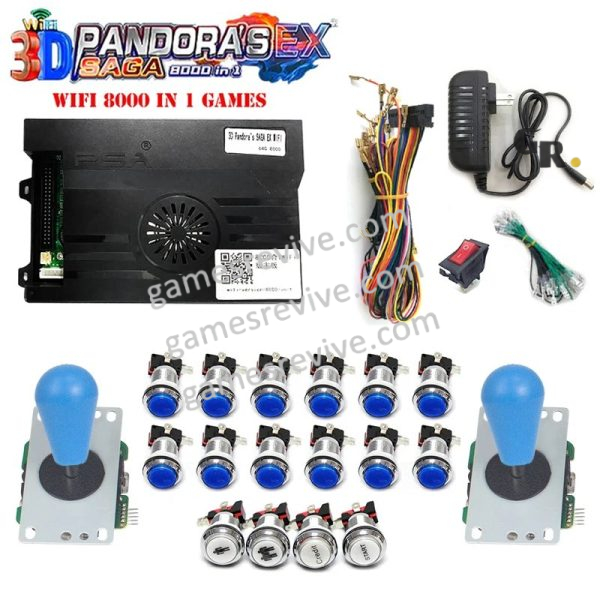 Pandora Saga EX2 3D — 8 000 jeux, carte seule ou kit complet SANWA — Kit tout bleu Pandora Saga EX2 3D — 8 000 jeux, carte seule ou kit complet SANWA
