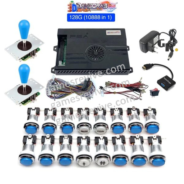 Kit borne d'arcade Pandora Saga EX2 — joysticks et boutons LED, 10 888 jeux — Tout bleu Kit borne d'arcade Pandora Saga EX2 — joysticks et boutons LED, 10 888 jeux