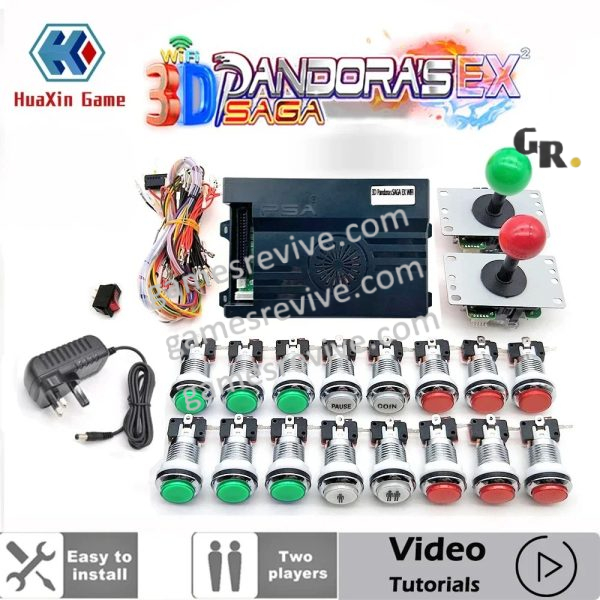 Kit borne Pandora Saga EX 3D — 6 666 jeux, boutons LED chromés 12 V — Vert et rouge Kit borne Pandora Saga EX 3D — 6 666 jeux, boutons LED chromés 12 V